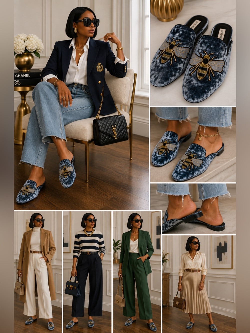 🐝 Steve Madden HUGH Blue Velvet Bee Embroidered Mules | Size 8 - Picture 1 of 2